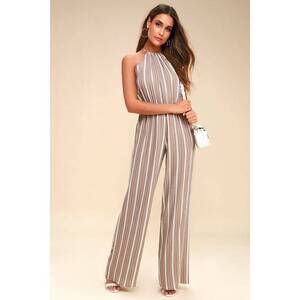 Lulus Ocean City Tan And White Striped Jumpsuit Beige - Size M